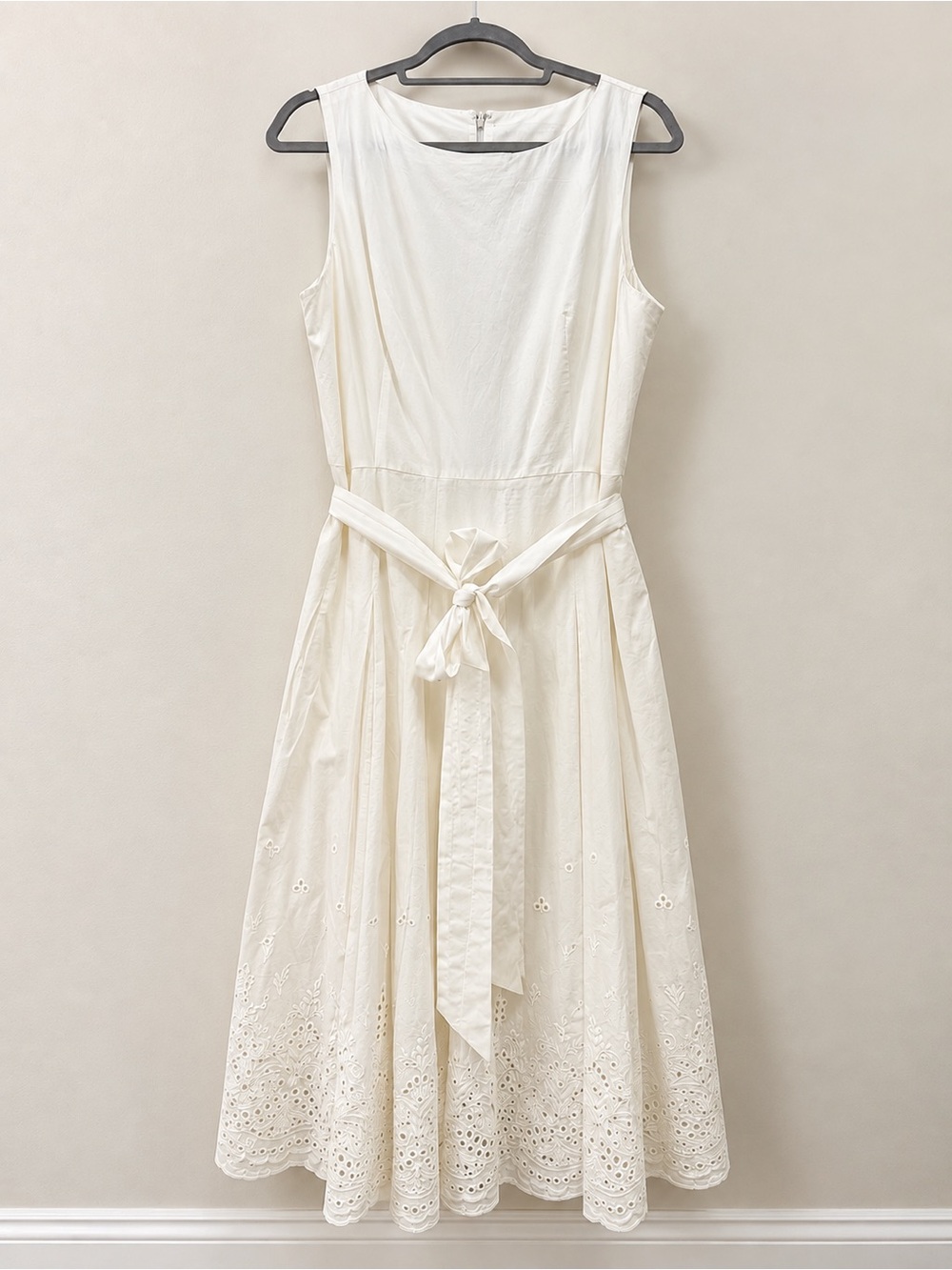 Anne Klein Sleeveless White Eyelet Midi Dress with Waist Tie